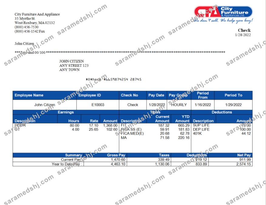 USA furniture & appliances employee sheet